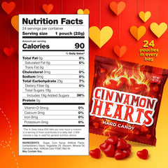 PartyWorks Cinnamon Hearts 1oz pouches close-up show convenient sharing for treat exchanges.