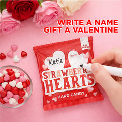Closeup of glossy heart candy packaging in PartyWorks colors