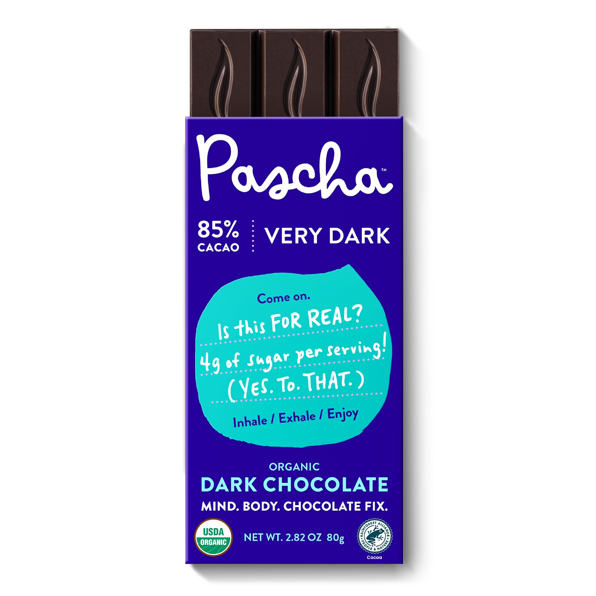 Pascha 85% cacao bar packaging, premium gluten-free snack.