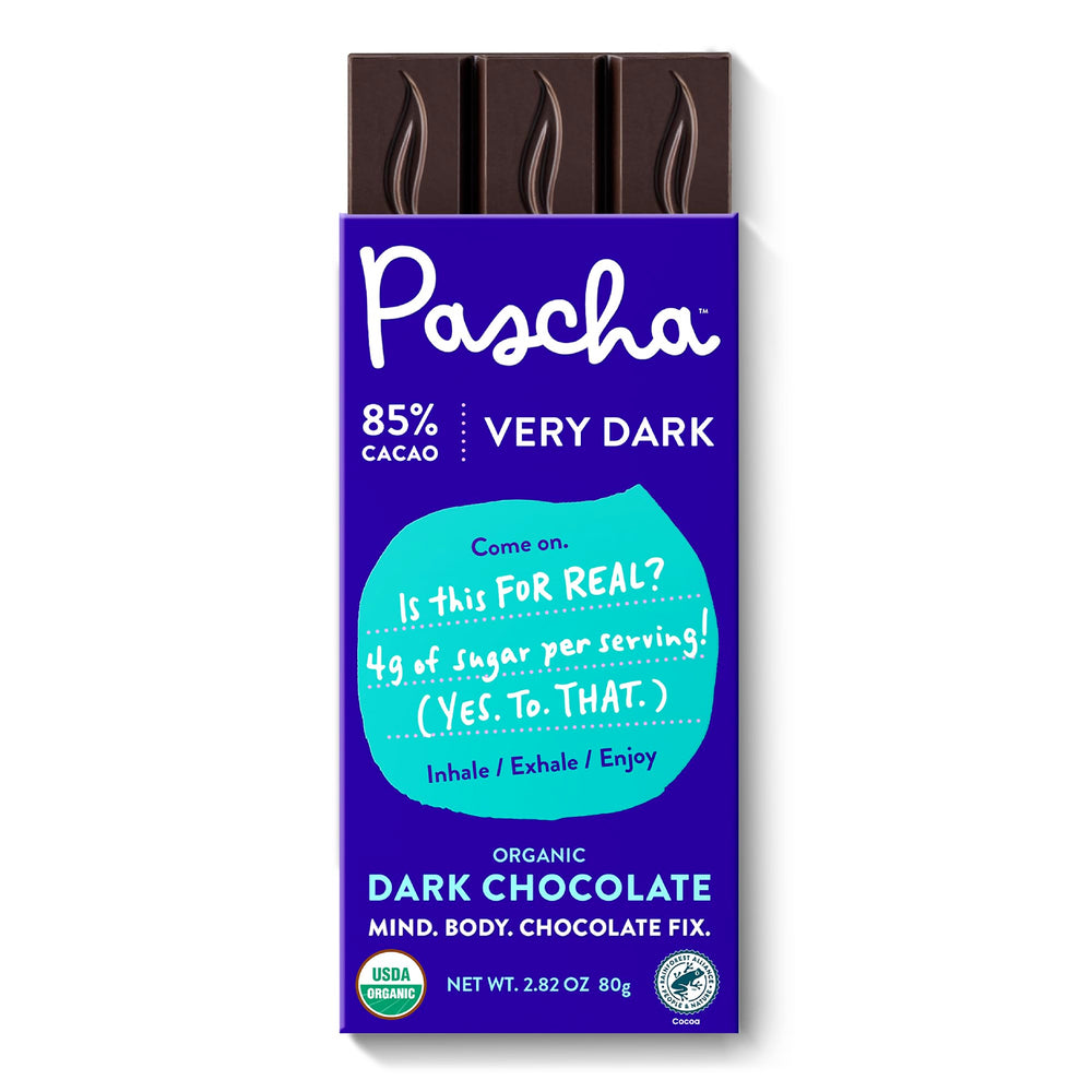 Pascha 85% cacao bar packaging, premium gluten-free snack.