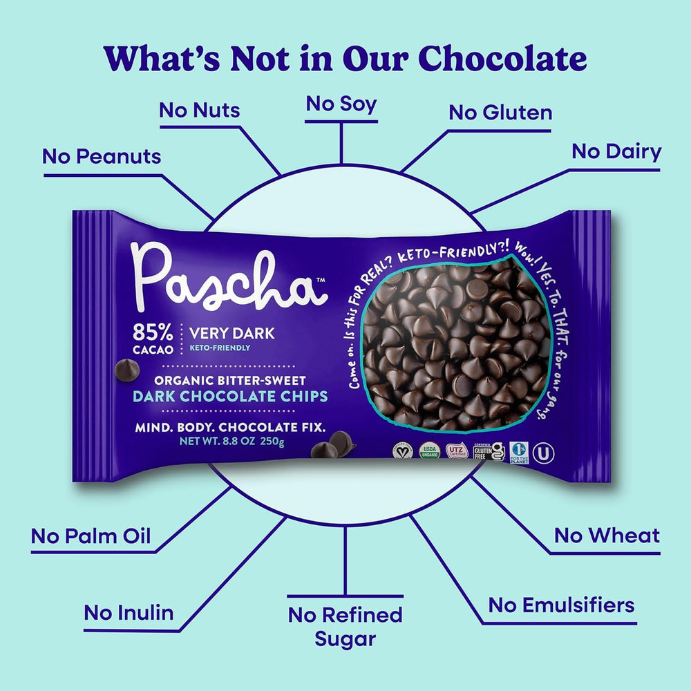 Pascha 85% cacao chips folded into brownie batter for intense chocolate.