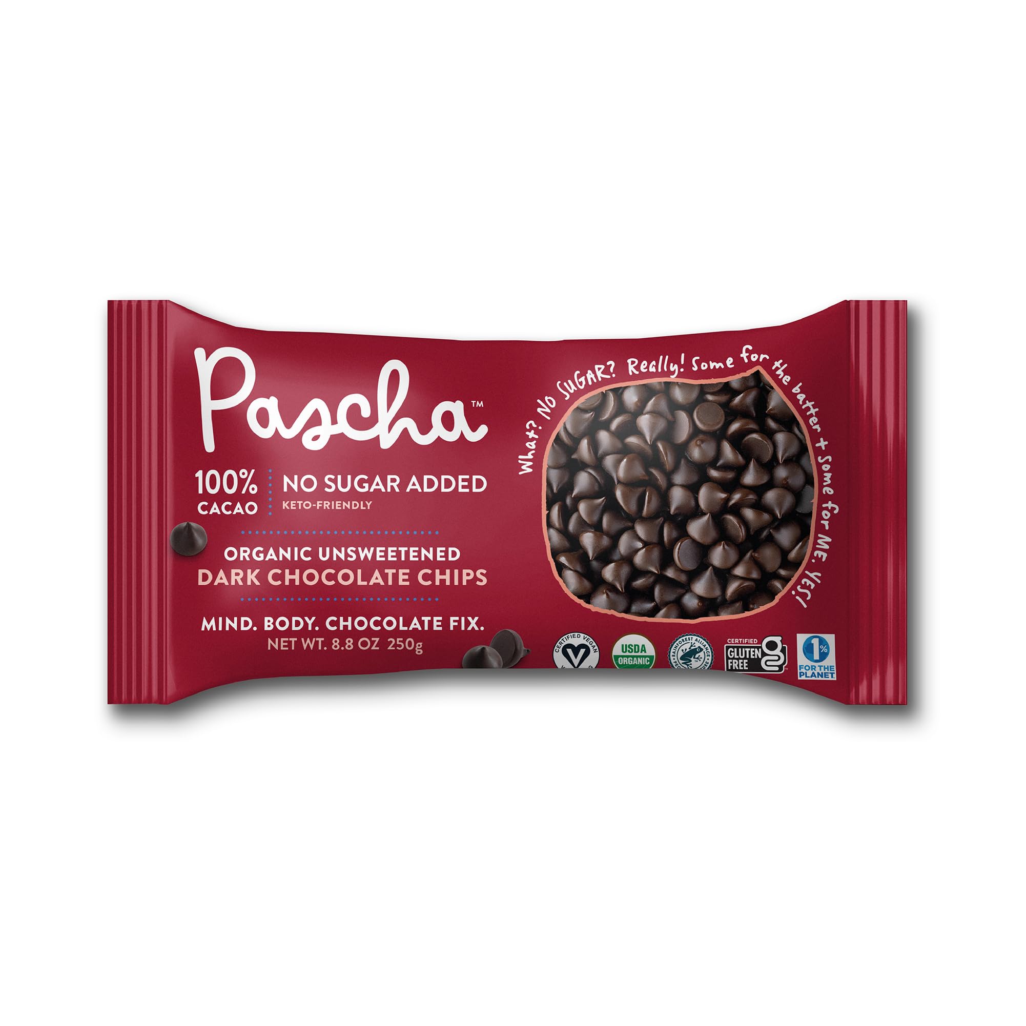 Pascha baking chips 100% cacao unsweetened pack for keto-friendly desserts.