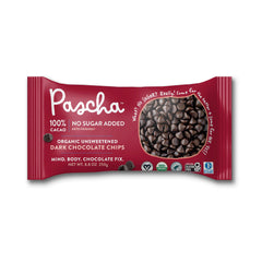 Pascha baking chips 100% cacao unsweetened pack for keto-friendly desserts.