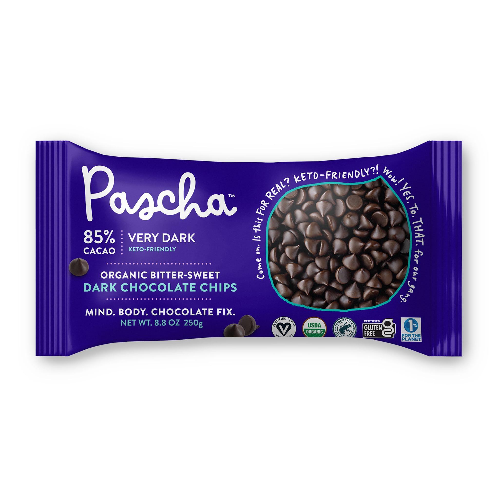 Pascha 85% cacao baking chips showcase rich color and smooth melt for gourmet baking