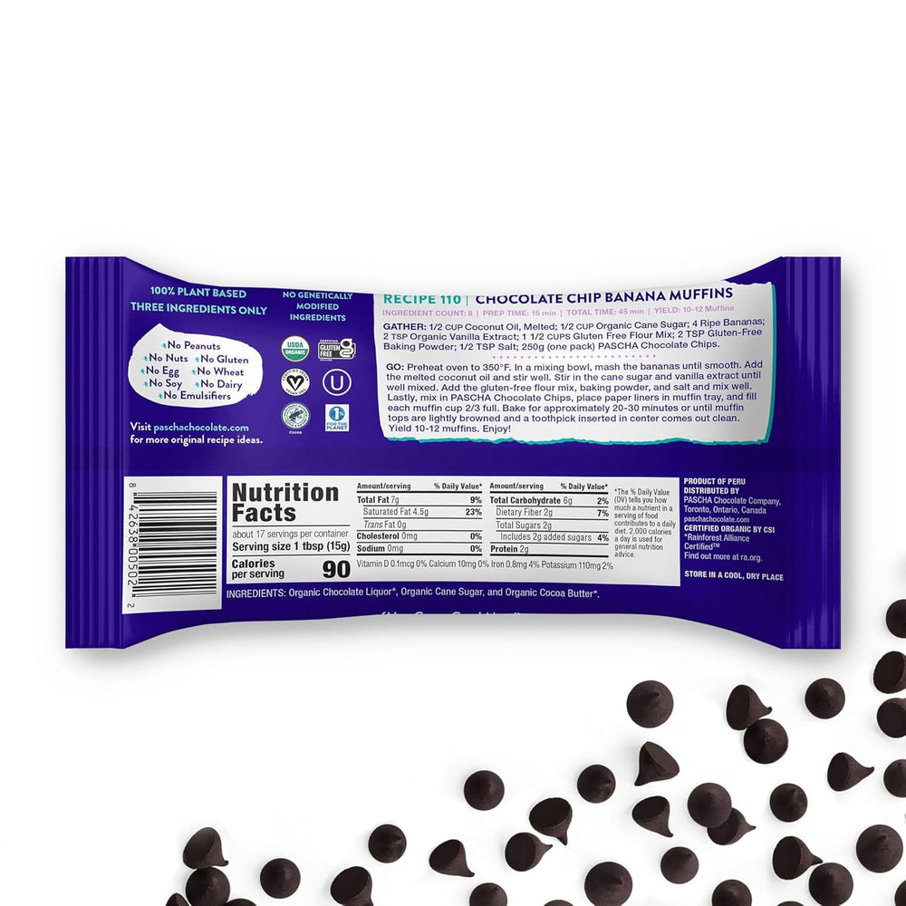 Pascha organic 85% cacao chips close-up highlighting rich texture and premium cacao.