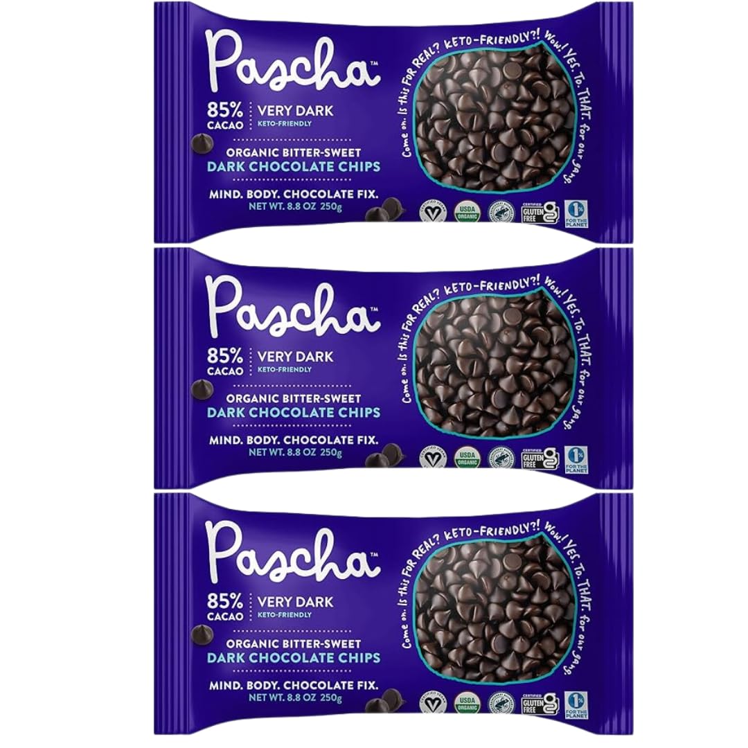 Pascha organic 85% cacao chips packaging, showing the three-pack for busy bakers.