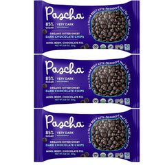 Pascha organic 85% cacao chips packaging, showing the three-pack for busy bakers.