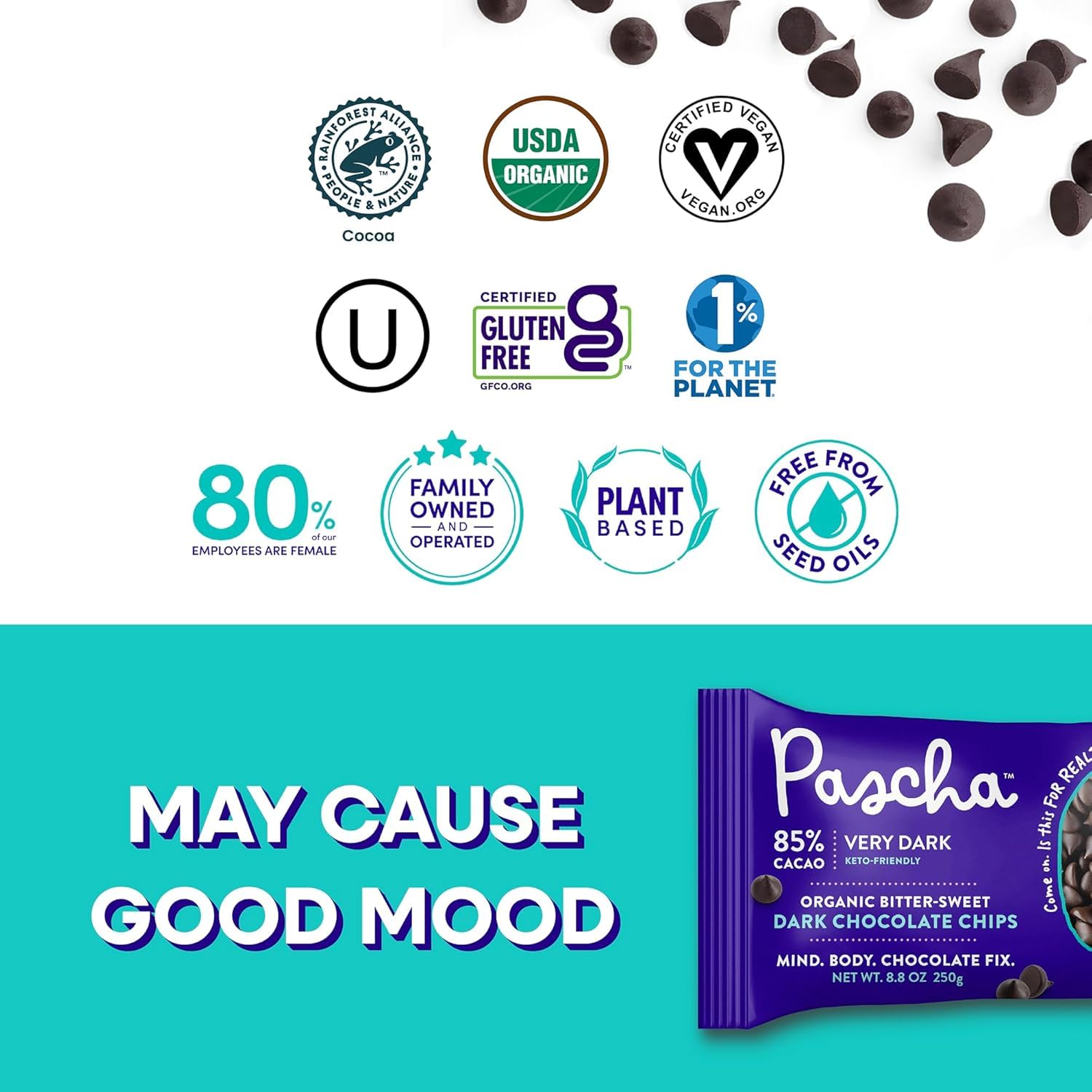 Pascha organic 85% cacao chips, vegan-friendly and allergen-conscious.