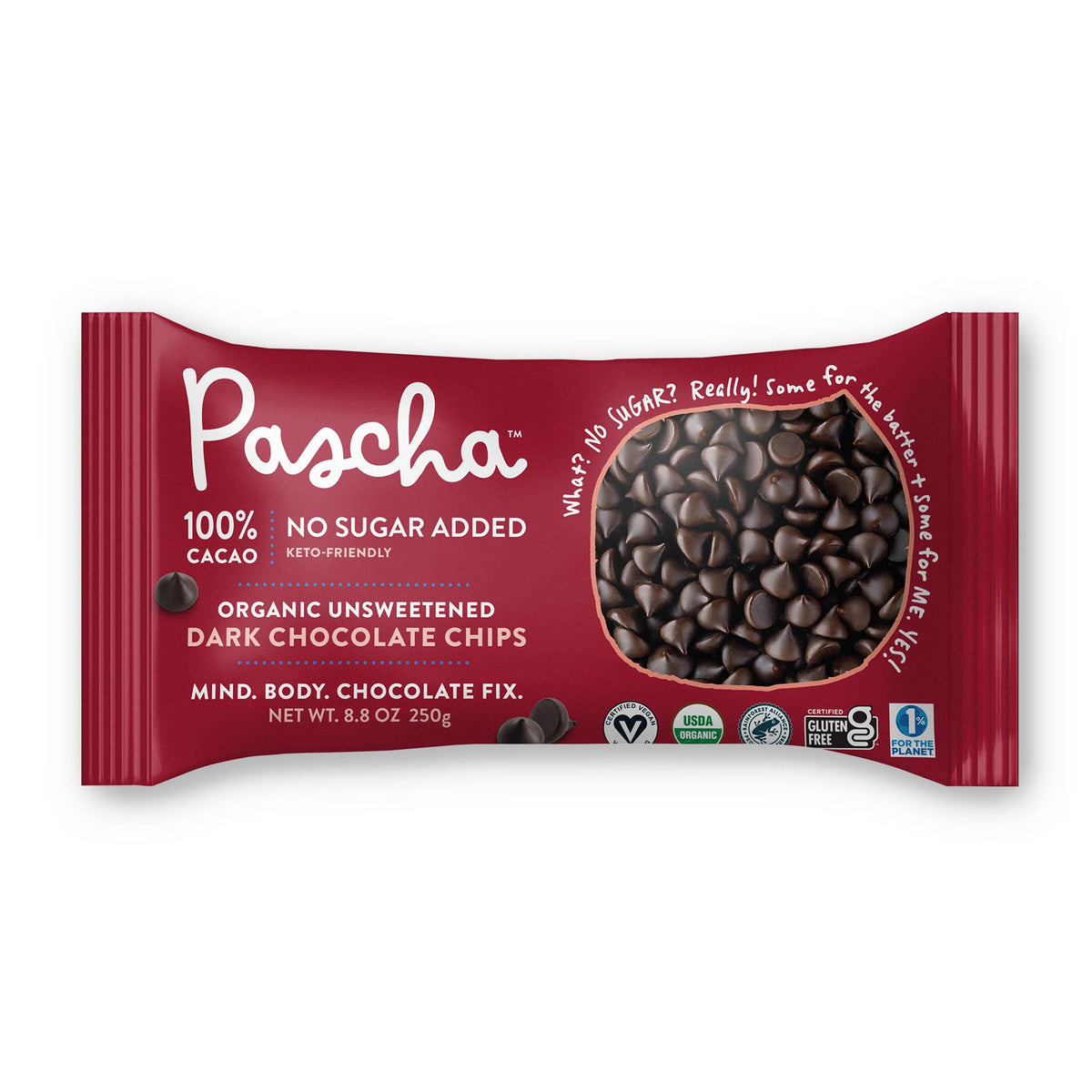 Pascha organic chocolate chips 100 cacao unsweetened close-up, rich aroma and crisp texture for baking