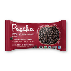 Pascha organic chocolate chips 100 cacao unsweetened close-up, rich aroma and crisp texture for baking