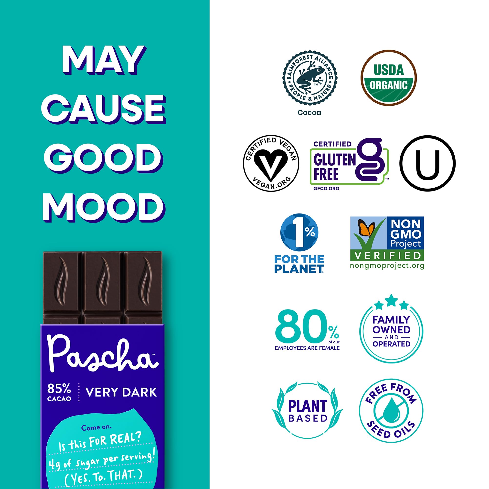 Pascha vegan, gluten-free, non-GMO seals on packaging.