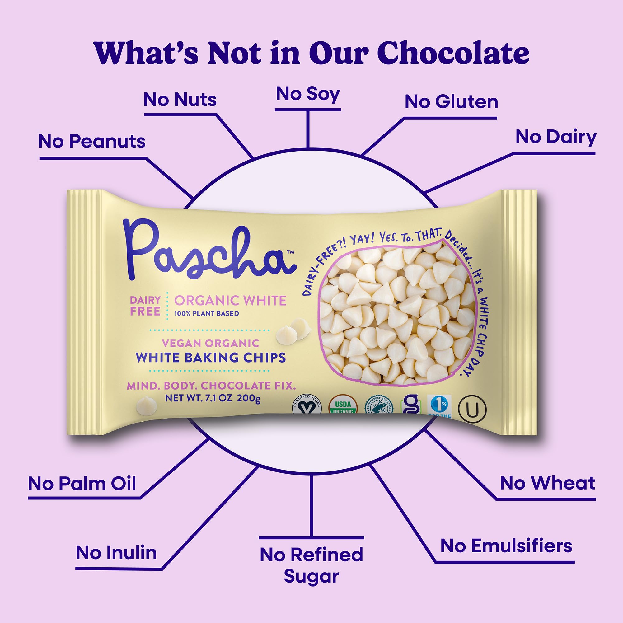 Pascha white rice chocolate chips close-up highlighting creamy melt readiness.