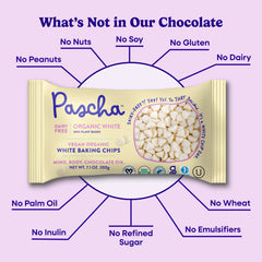 Pascha white rice chocolate chips close-up highlighting creamy melt readiness.