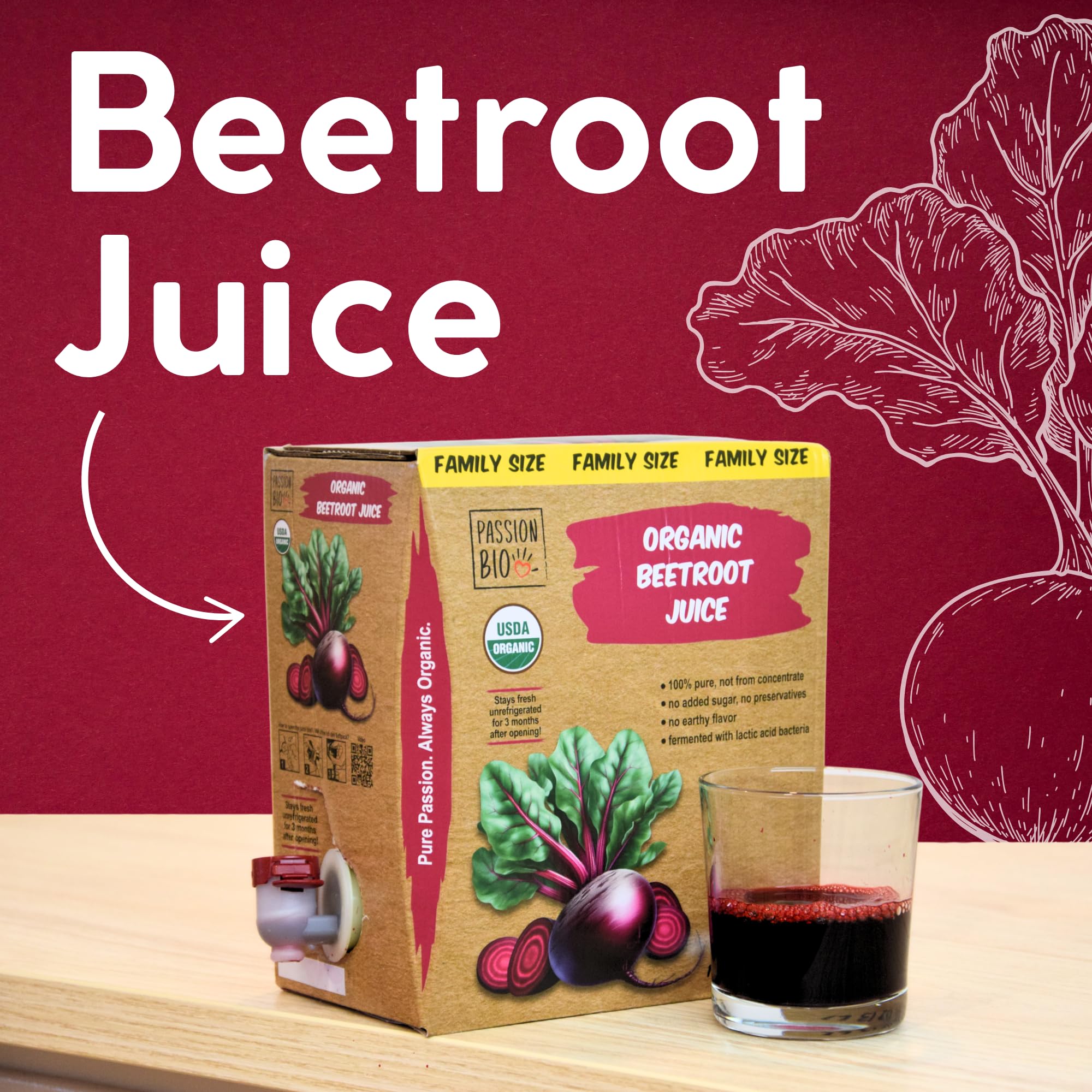 PassionBio beetroot juice closeup captures rich color for vibrant smoothies.