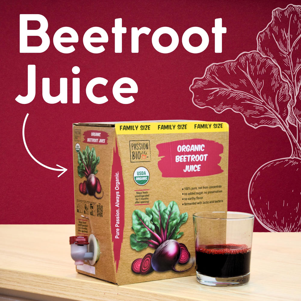 PassionBio beetroot juice closeup captures rich color for vibrant smoothies.