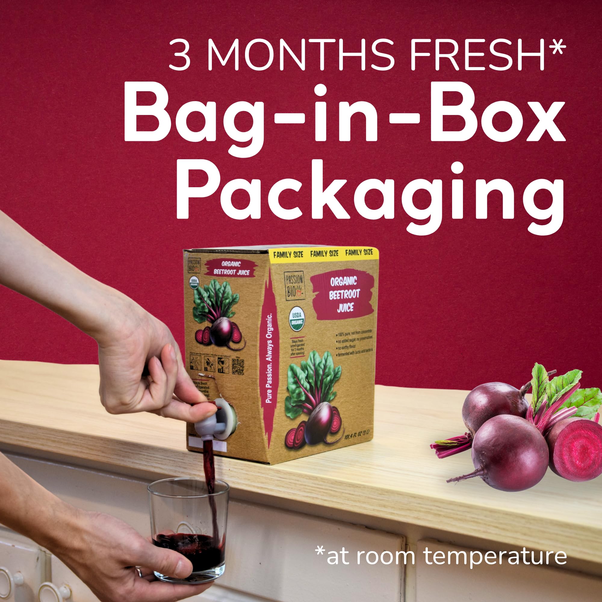 PassionBio easy-pour tap design facilitates mess-free serving.
