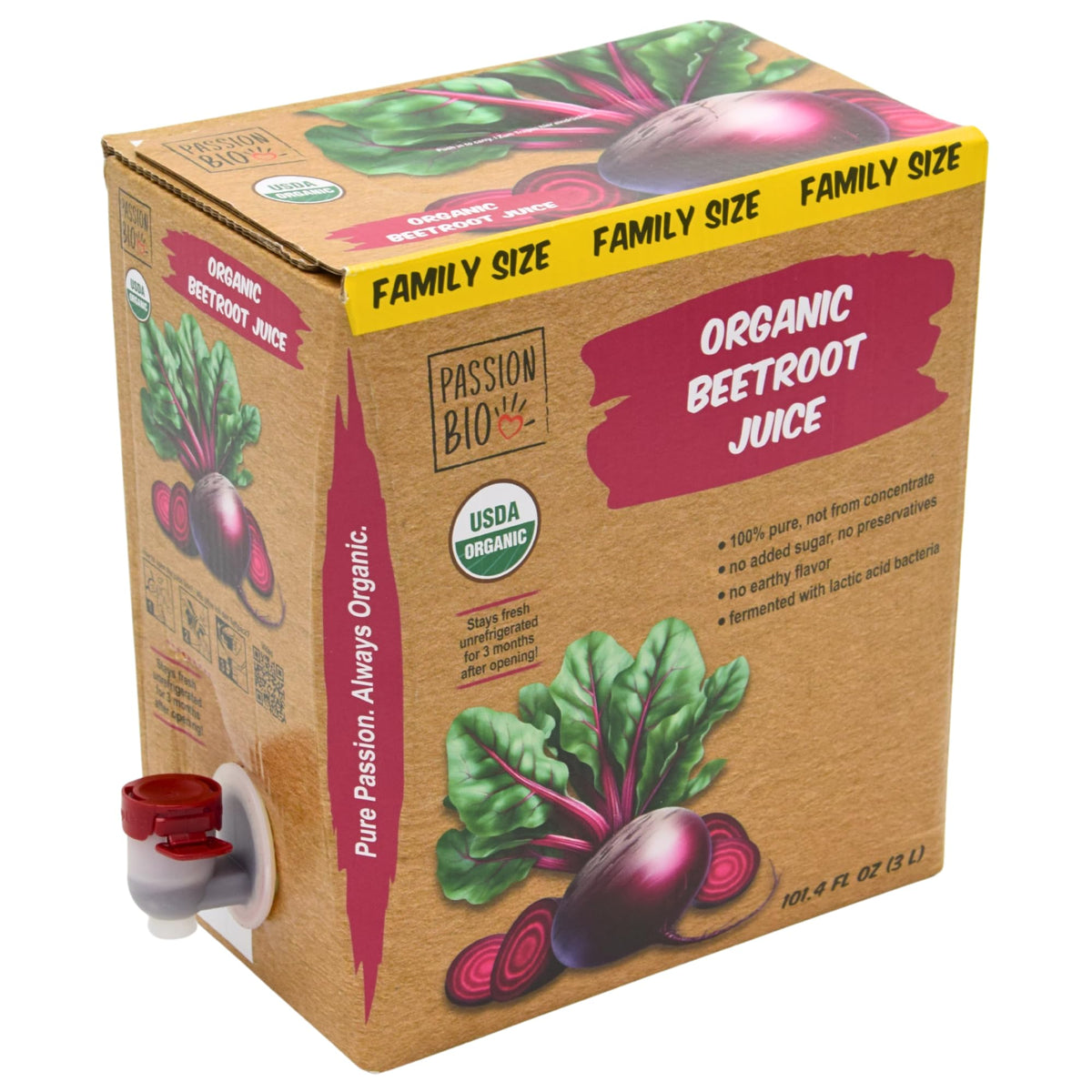 PassionBio organic beetroot juice bottle reveals deep red color and pure, non-concentrated taste.