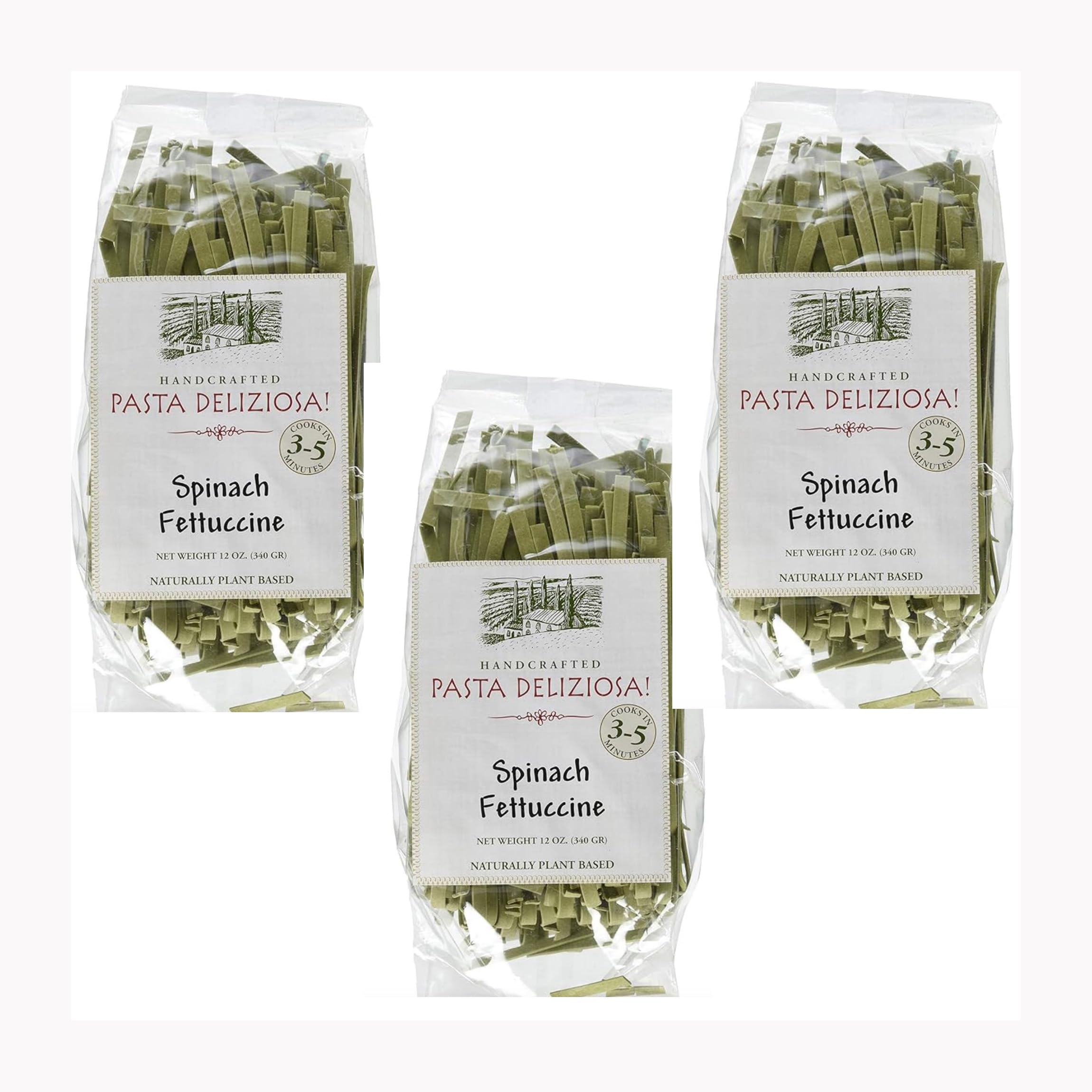 Pasta Deliziosa spinach fettuccine 3-pack with vibrant green ribbons, ready for dinner.