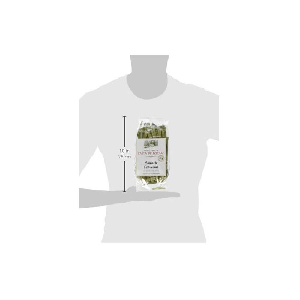 Pasta Deliziosa packaging highlights vegan-friendly spinach fettuccine packaging.