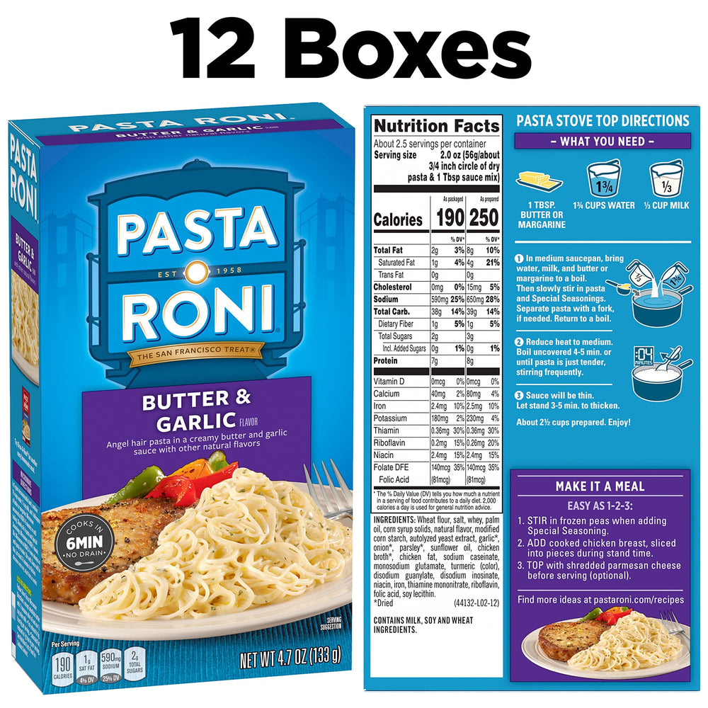 Pasta Roni Butter & Garlic Angel Hair box back with clear nutrition details for quick planning