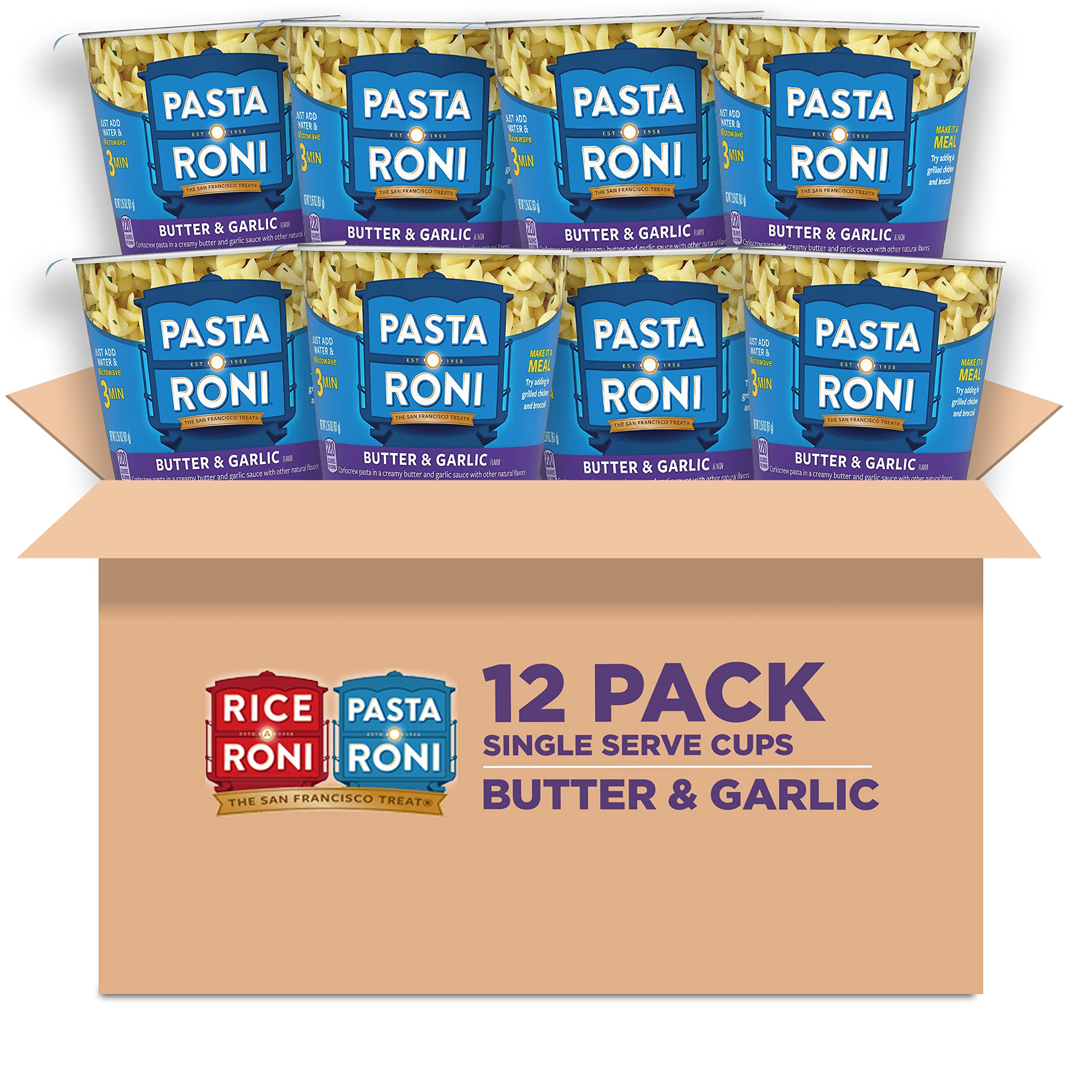 Pasta Roni butter garlic cups ready in minutes for easy meals.