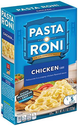 Pasta Roni Garlic Alfredo Fettuccine chicken being added illustrates easy meal idea
