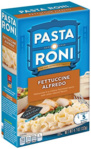 Pasta Roni Garlic Alfredo Fettuccine served with chicken as an easy meal.