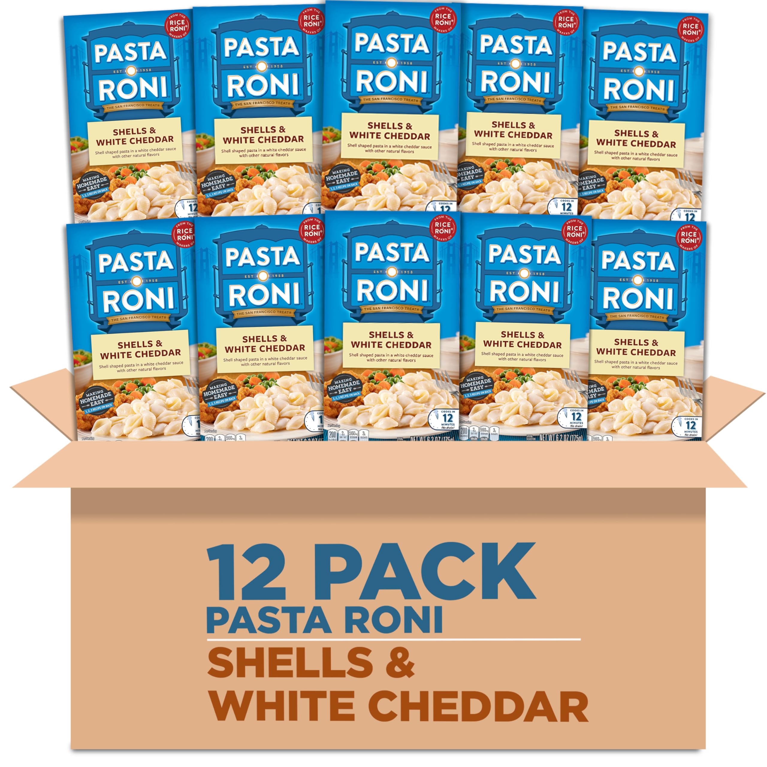 Pasta Roni shells with white cheddar in a creamy bowl, ideal for quick family dinners.