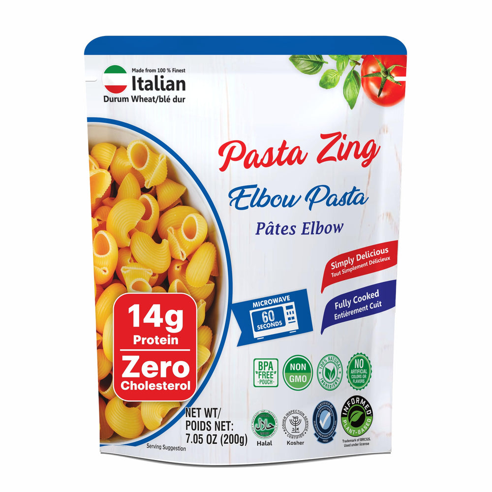 Pasta Zing Elbow Pasta packaging showing seven-pack and 14g protein