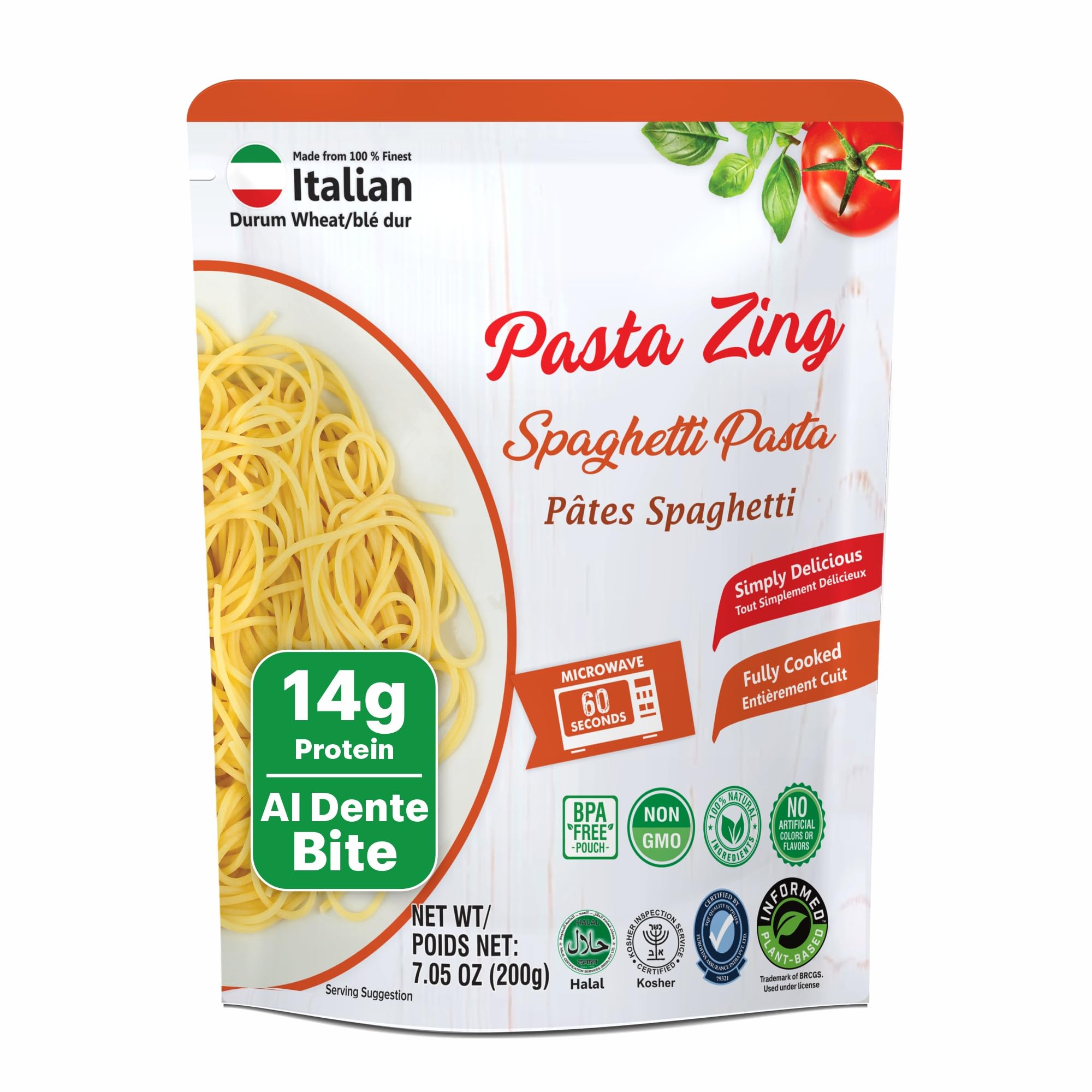 Pasta Zing fully cooked spaghetti in pouch, ready in 60 seconds for quick meals.