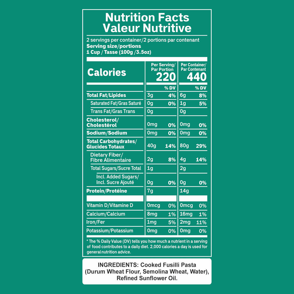 Pasta Zing Fusilli close-up showing 14g protein per serving