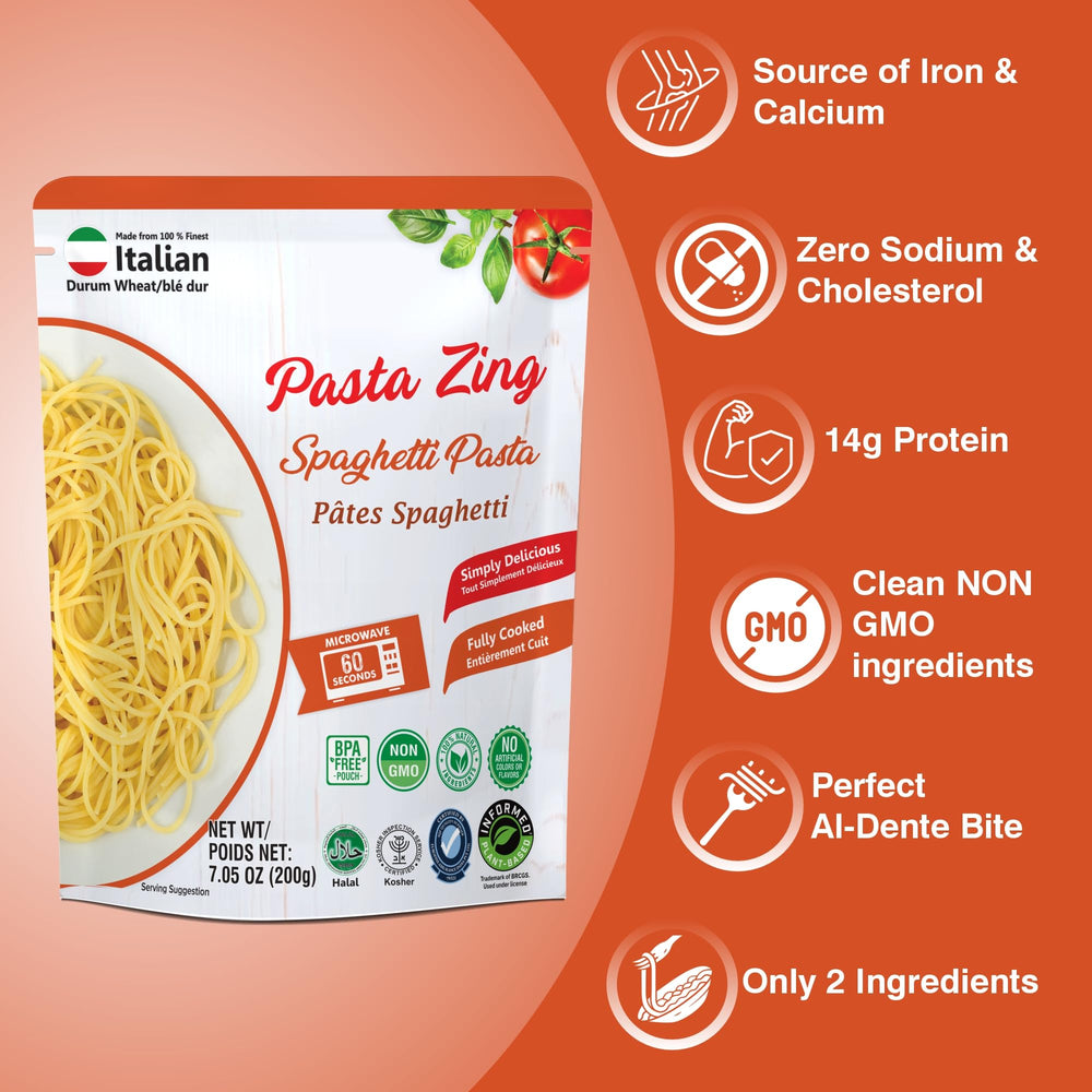 Pasta Zing label highlights 14g protein per pack.