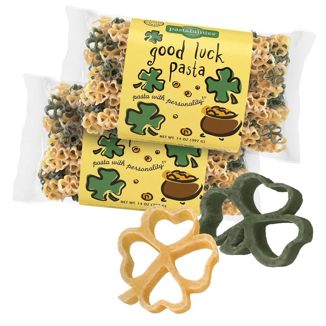 Pastabilities Good Luck shamrock pasta on the front package, ideal for festive kid meals.