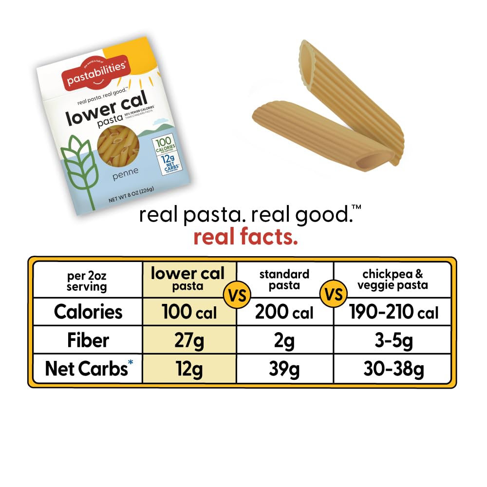 Pastabilities penne with non-GMO certification and high-fiber ingredients.