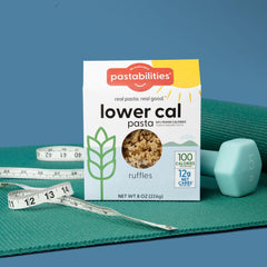 Pastabilities serving suggestion showing 100 calories per serving and 12g net carbs.