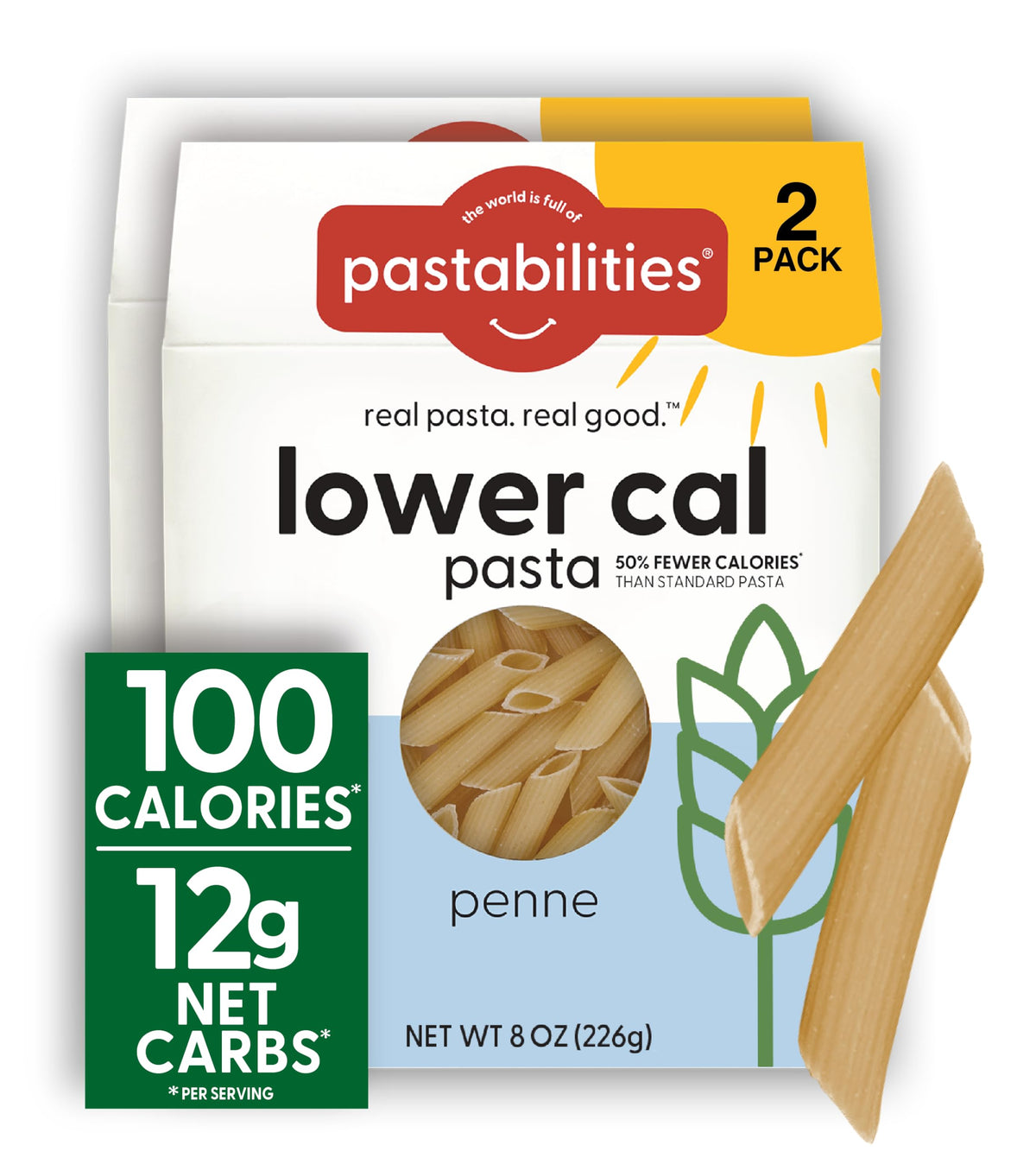 Pastabilities Penne Lower Calorie Pack Front shows a healthier dinner option with 100 calories per serving.