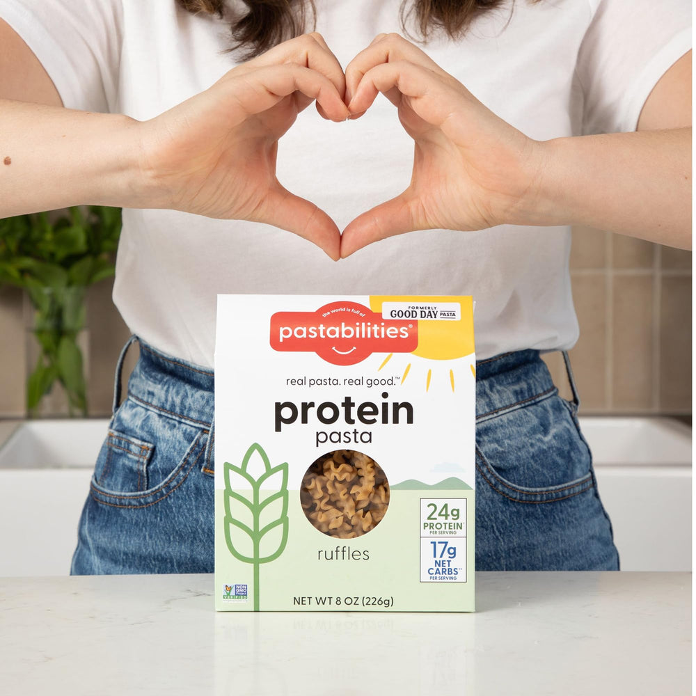 Pastabilities Protein Pasta keto-meal idea with sauce showcases versatile, plant-based dining.