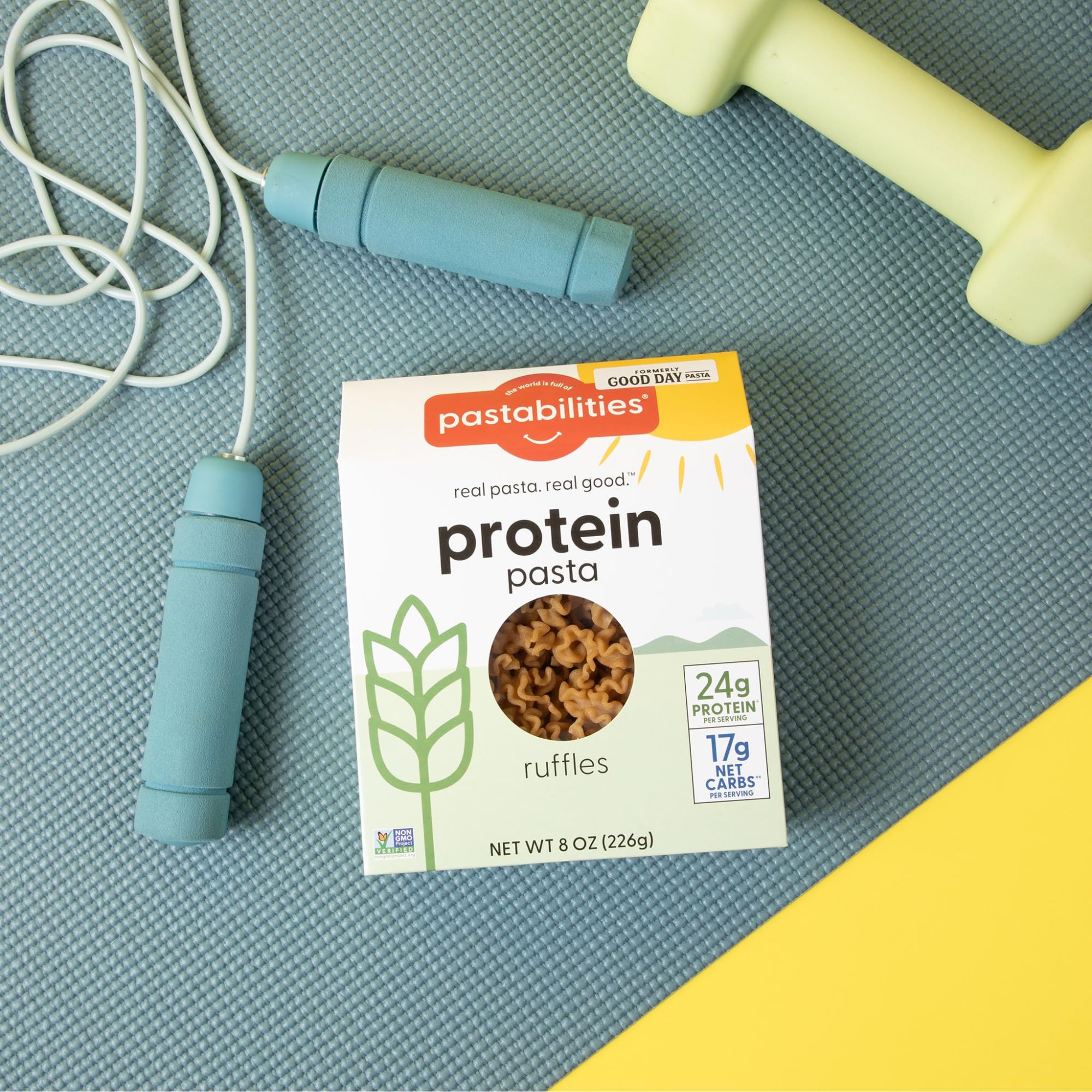 Pastabilities Protein Pasta nutrition label image underlines 24g protein and 17g net carbs.
