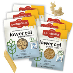 Pastabilities variety-pack packaging highlights a low-calorie pasta option for weeknight meals.
