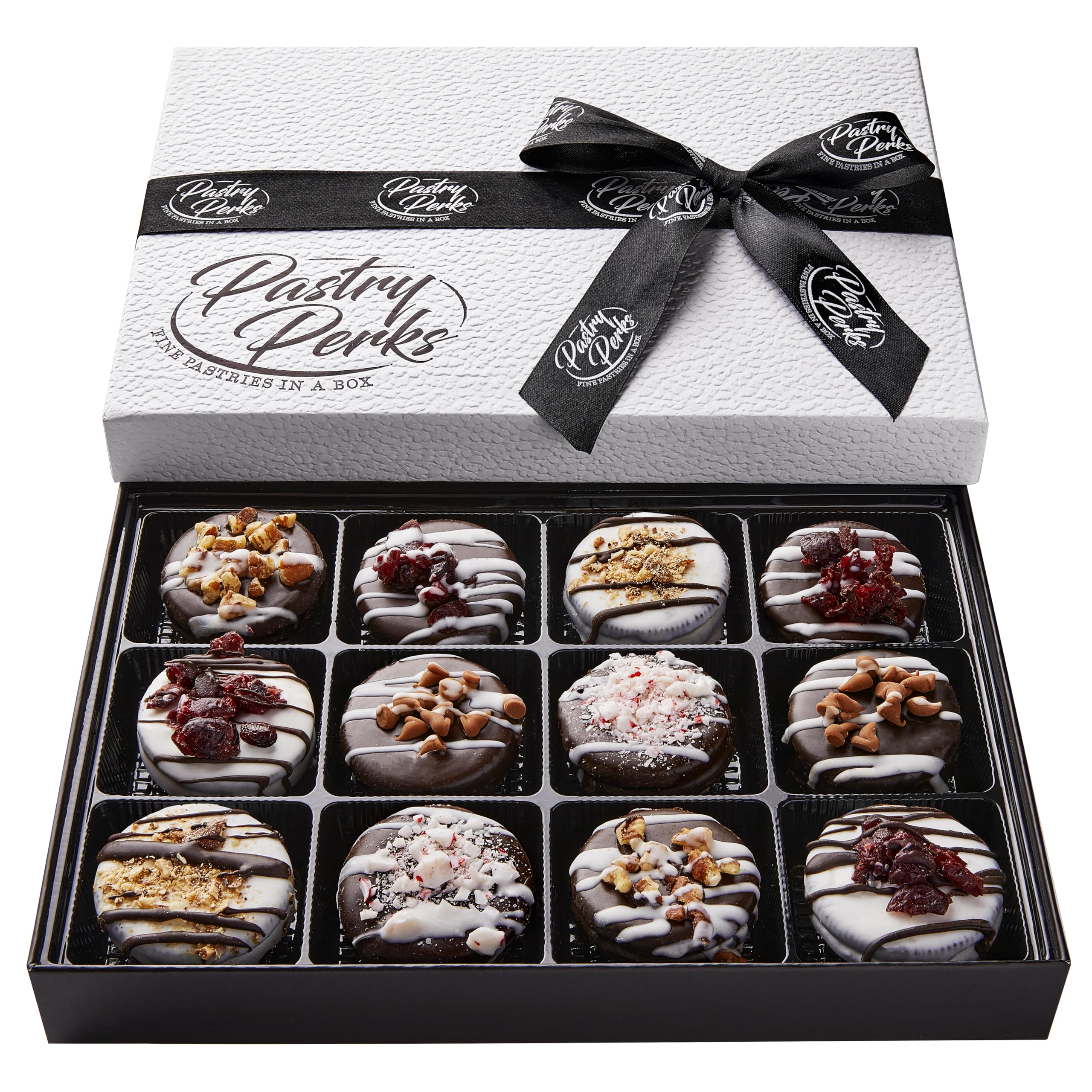 Pastry Perks gift basket with 12 chocolate-covered cookies, ideal holiday gift.