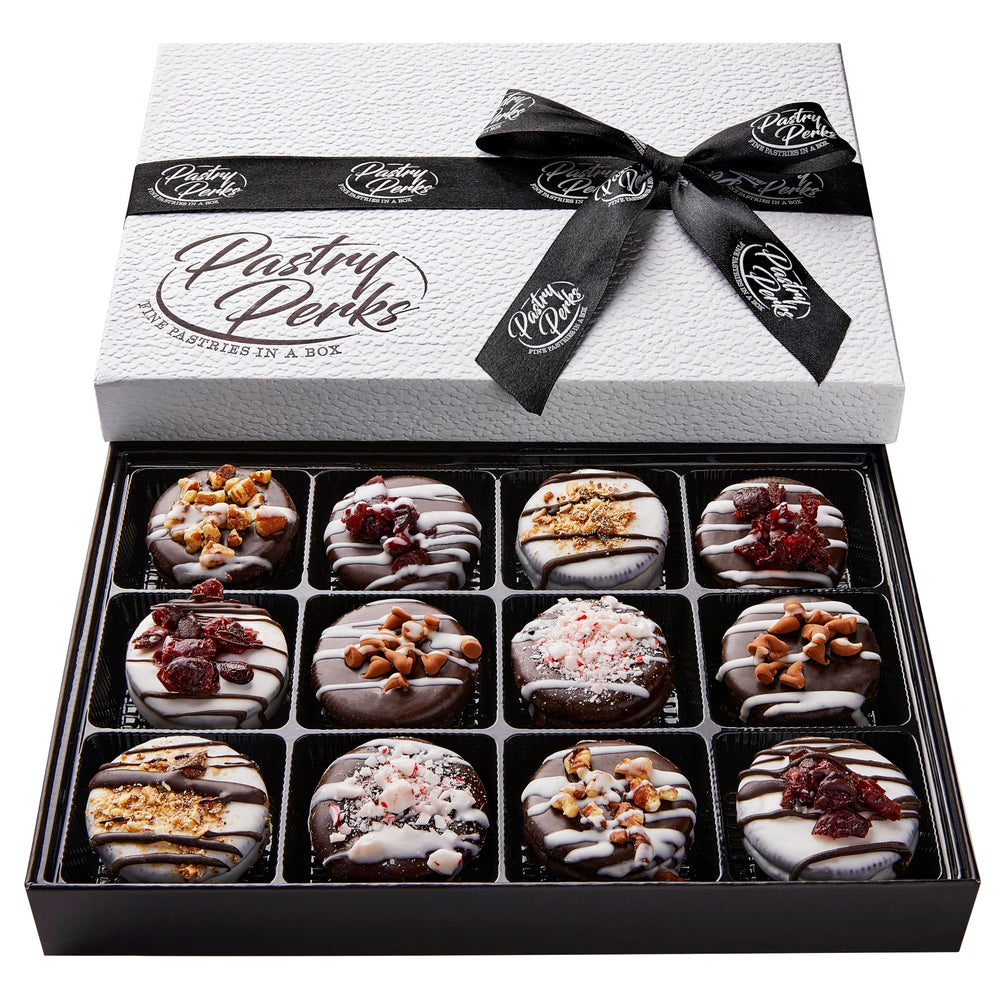 Pastry Perks gift basket with 12 chocolate-covered cookies, ideal holiday gift.
