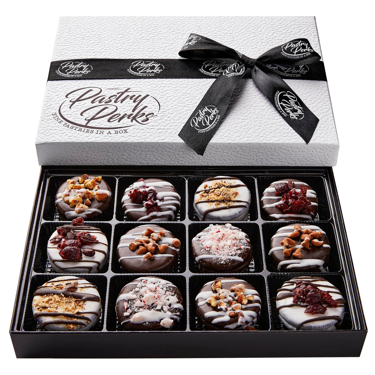 Pastry Perks gift basket with 12 chocolate-covered cookies, ideal holiday gift.