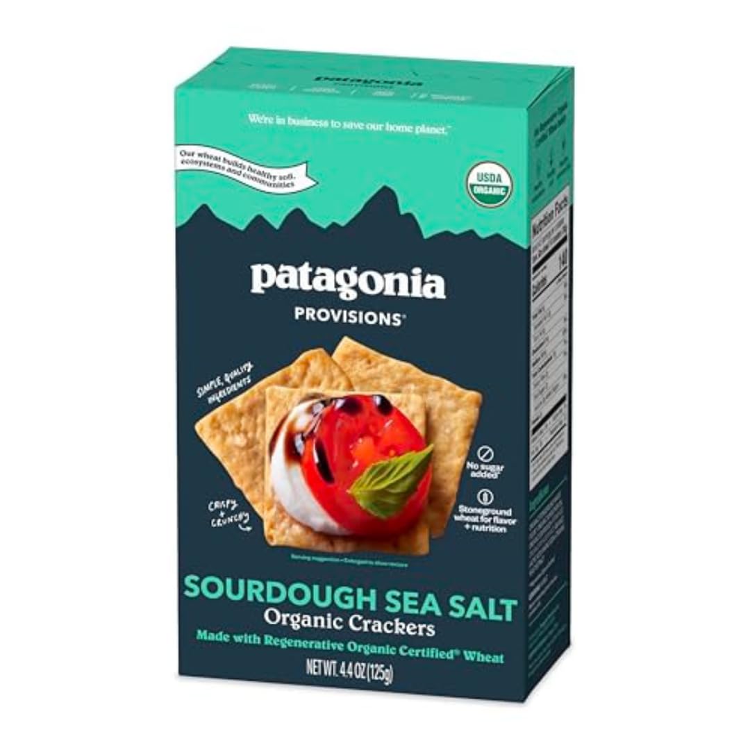 Patagonia Provisions Organic Sourdough Sea Salt Crackers packshot highlighting crisp, savory crunch for dipping