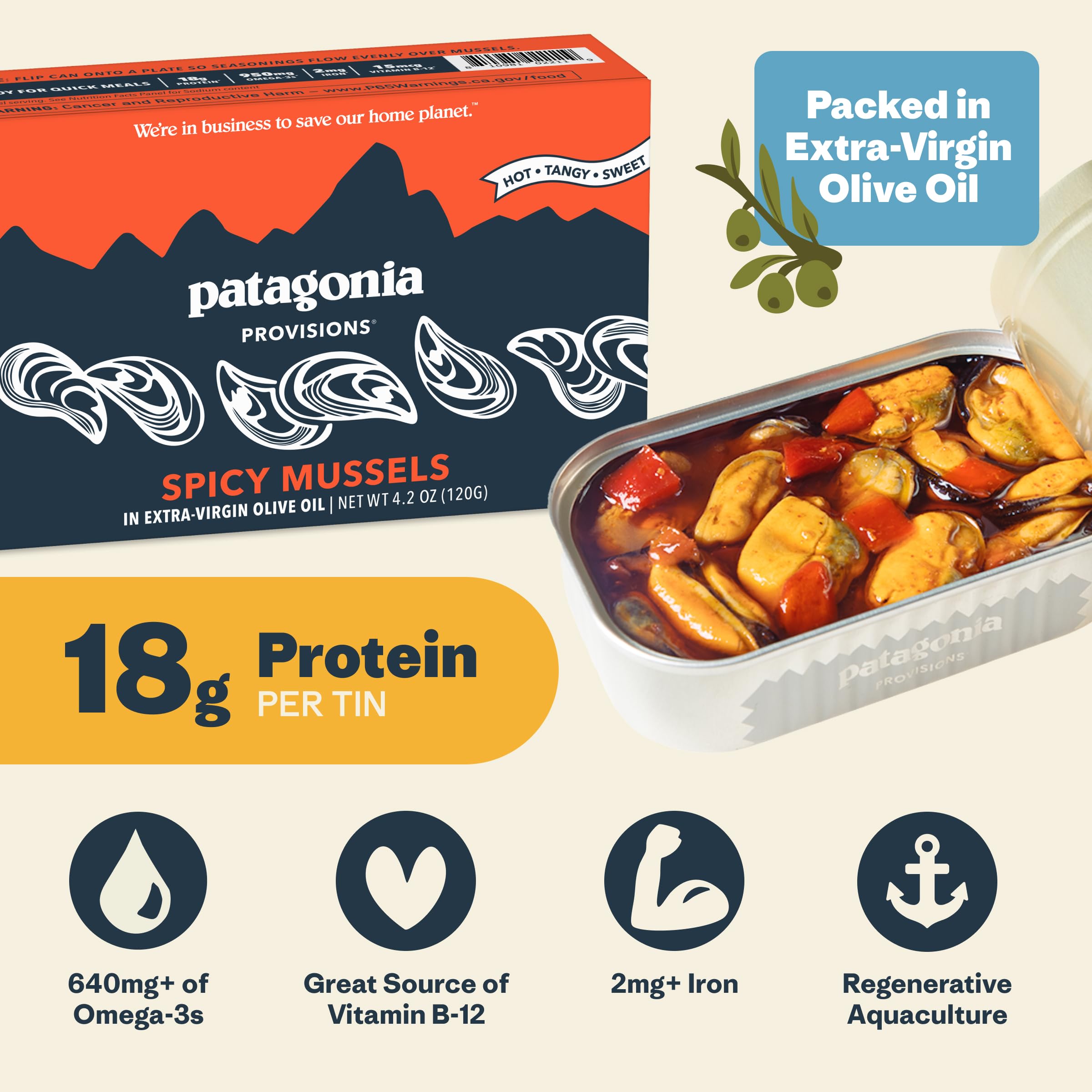 Patagonia Provisions Spicy Mussels with red peppers, tangy flavor