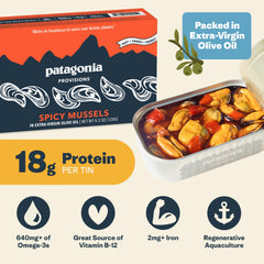 Patagonia Provisions Spicy Mussels with red peppers, tangy flavor