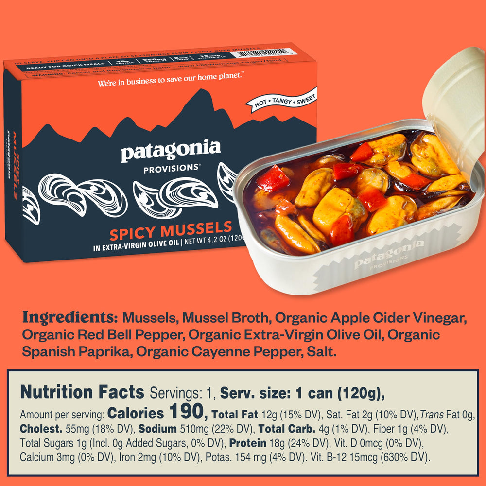 Patagonia Provisions Spicy Mussels on a fresh salad plate