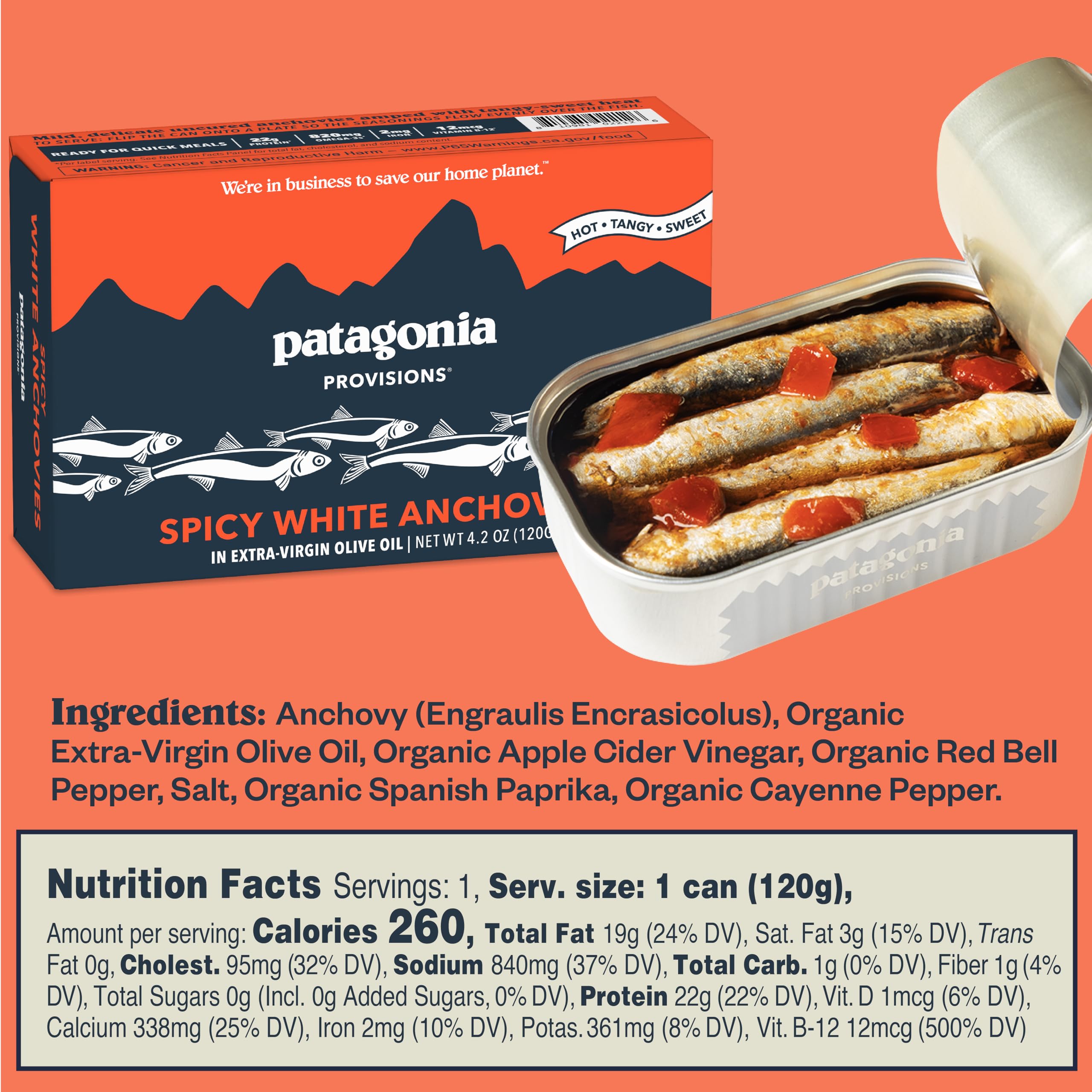 Patagonia Provisions Spicy White Anchovies plated on greens, protein boost.