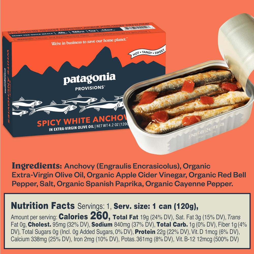 Patagonia Provisions Spicy White Anchovies plated on greens, protein boost.