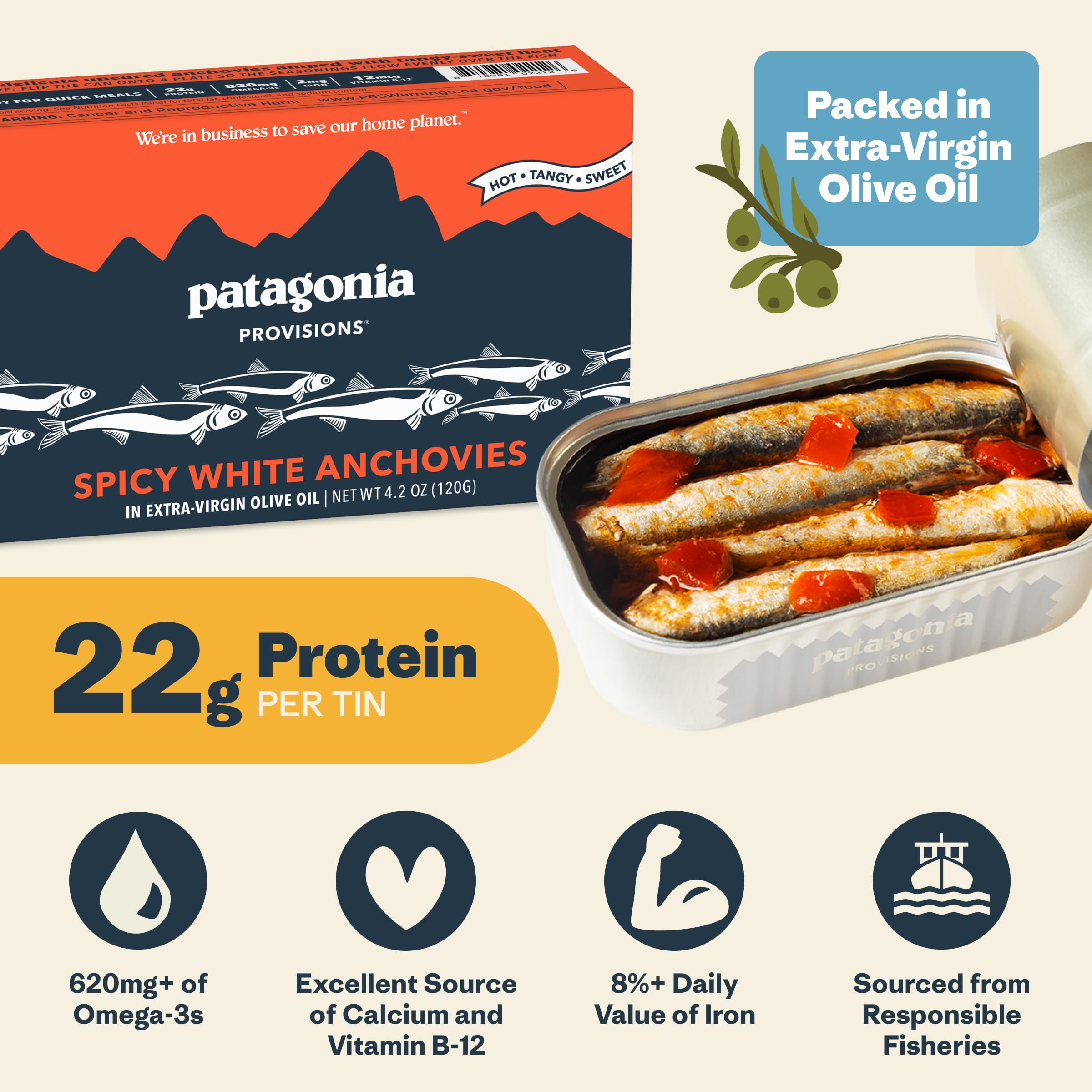 Patagonia Provisions Spicy White Anchovies tin close-up showing texture and spice.