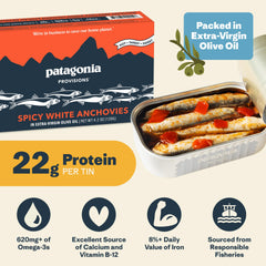 Patagonia Provisions Spicy White Anchovies tin close-up showing texture and spice.